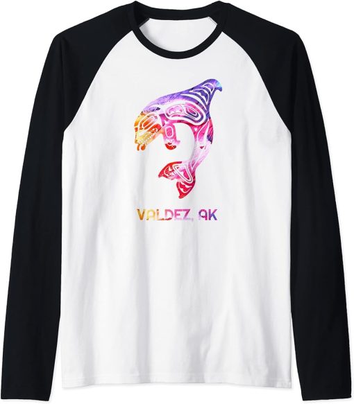 Tribal Valdez AK Orca Killer Whale Native American Raglan Baseball Tee