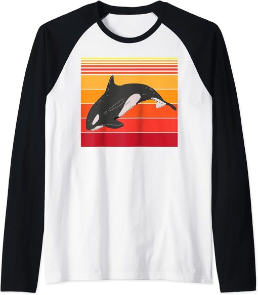 Cute Orca Retro Vintage 70s 80s Killer Whale Lover Fun Raglan Baseball Tee