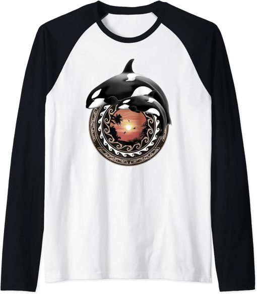 Cute Orca Whales Samoa Polynesia Style Orcas Raglan Baseball Tee