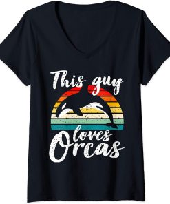 Womens Vintage Retro Orca Sunset Fun Killer Whale Gift For Fans V-Neck T-Shirt