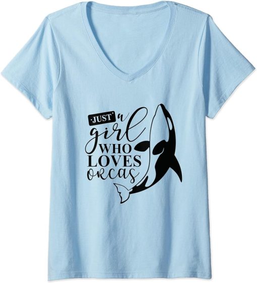 Womens Just A Girl Who Loves Orcas I Orca Whale I Kids I Orca V-Neck T-Shirt