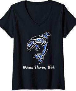 Womens Blue Native American Ocean Shores WA Orca Killer Whale V-Neck T-Shirt