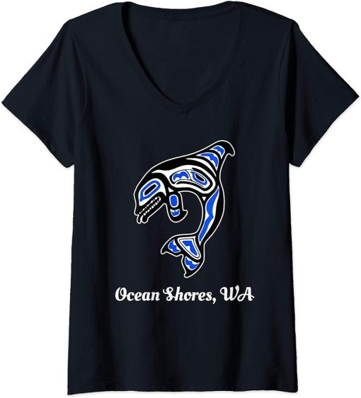 Womens Blue Native American Ocean Shores WA Orca Killer Whale V-Neck T-Shirt